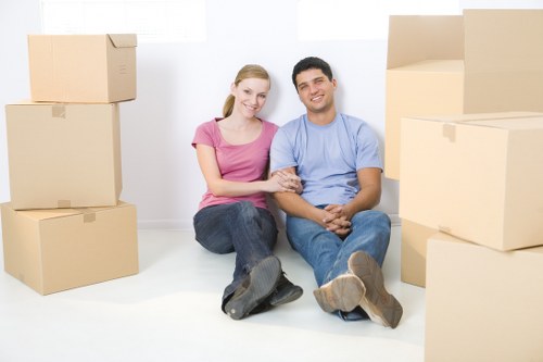 Professional removals team handling boxes in Hackneywick